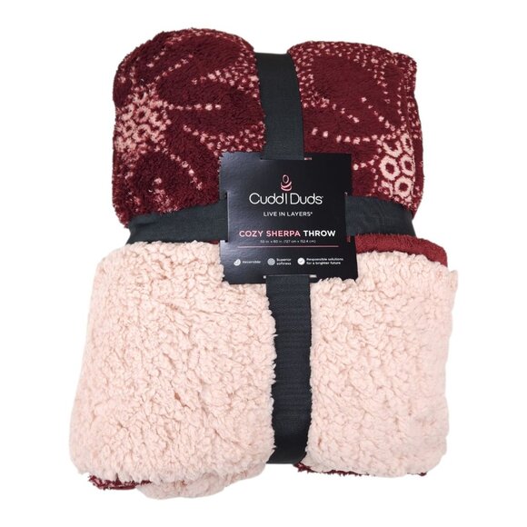 Cuddl Duds Cozy Sherpa Throw Blanket 50" x 60" Reversible Double-Sided Red Pink - Picture 2 of 9